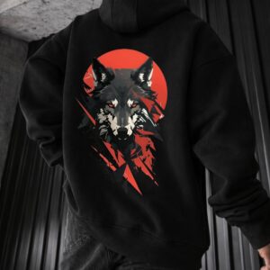Wolf and Red Moon Designed Oversized Hoodie
