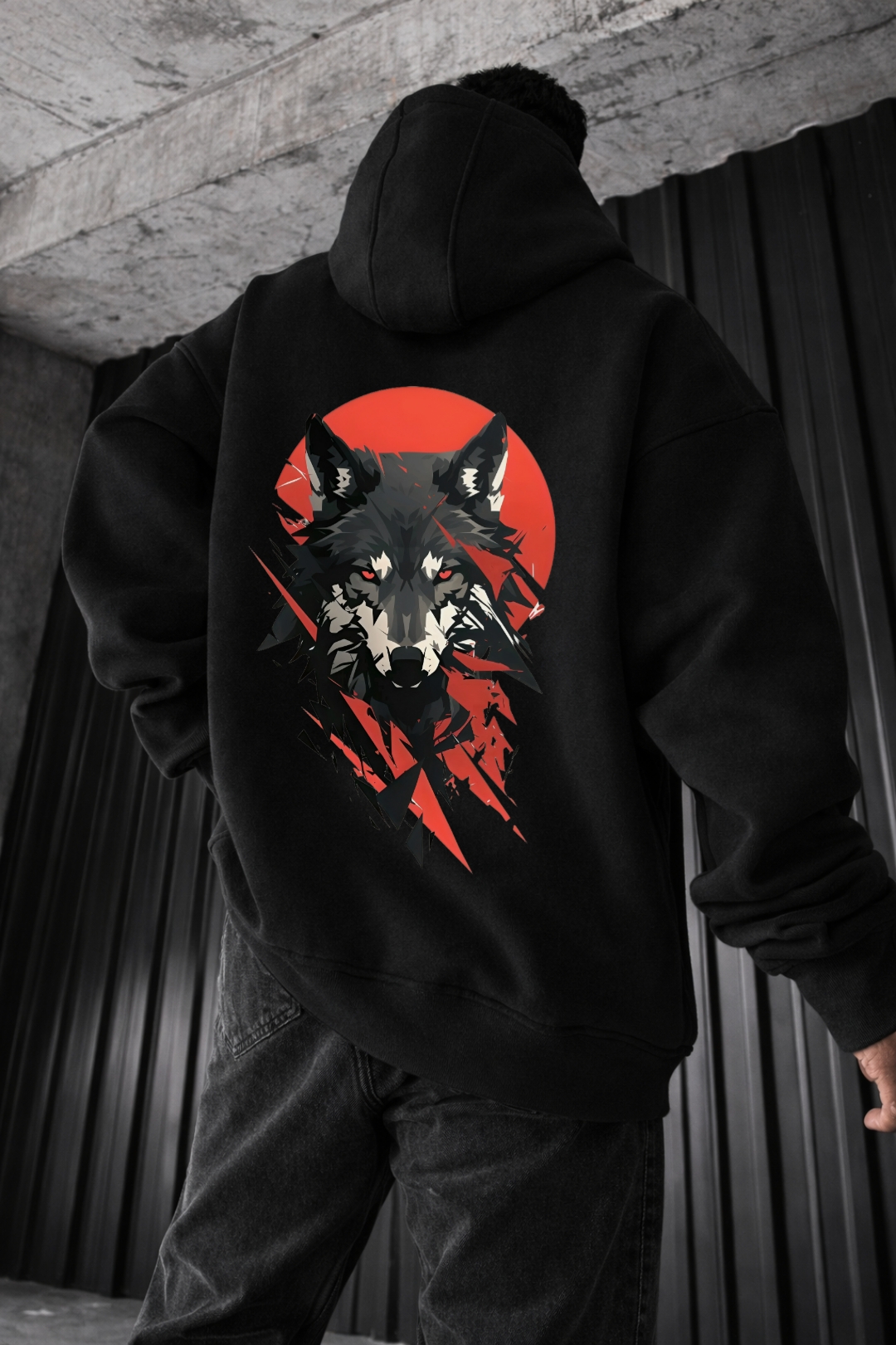 Wolf and Red Moon Designed Oversized Hoodie