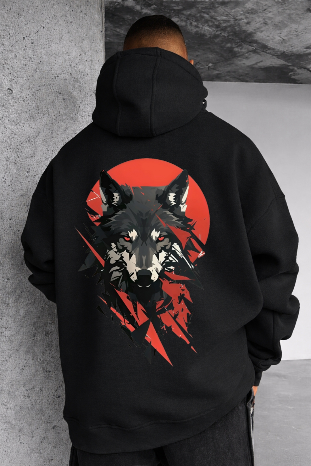 Wolf and Red Moon Designed Oversized Hoodie - Image 4