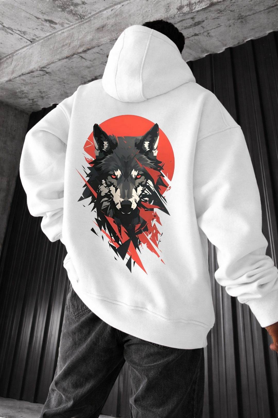 Wolf and Red Moon Designed Oversized Hoodie - Image 6