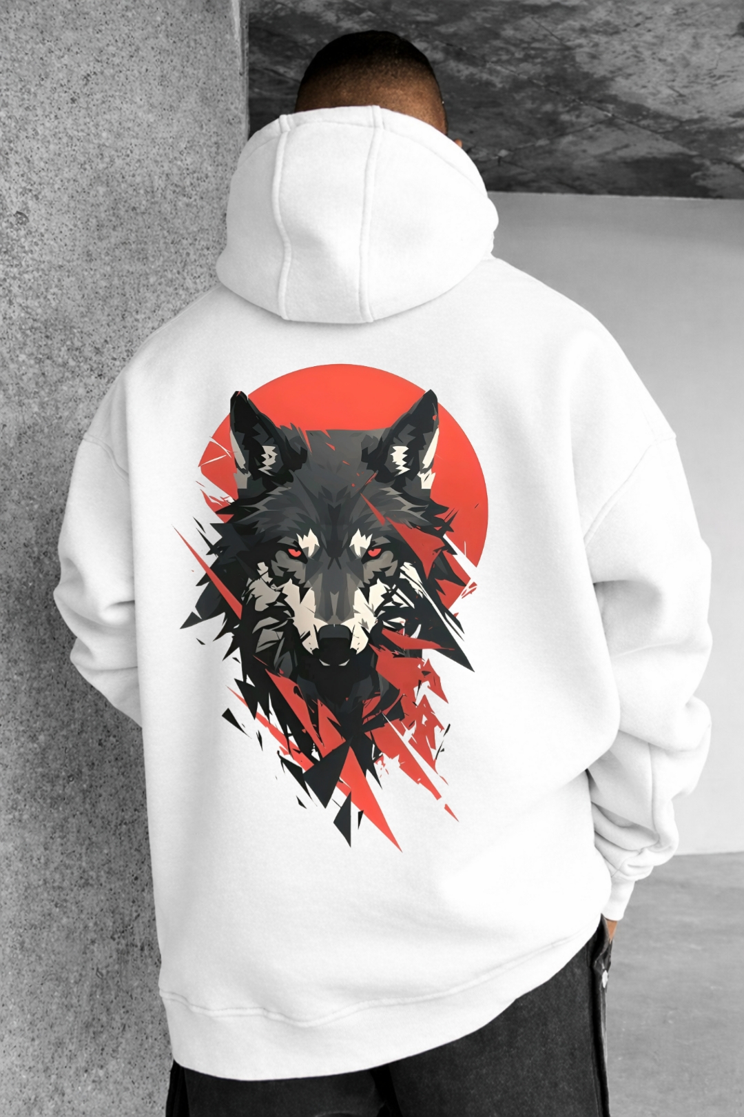 Wolf and Red Moon Designed Oversized Hoodie - Image 8